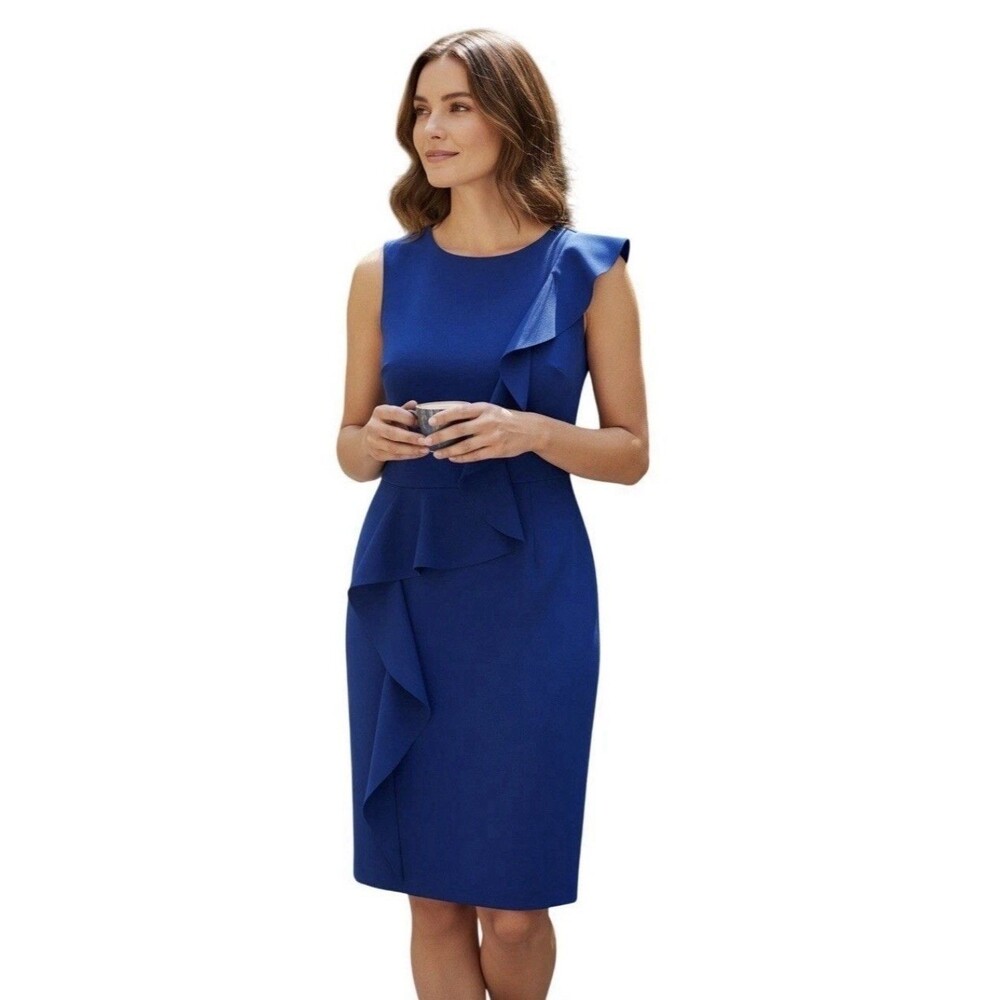 Calvin Klein Royal Blue Ruffle Sheath Knee Length Dress Size Large